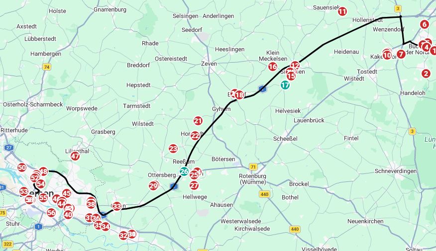 Beispielansicht einer Vertriebsroute mit POI-Markern entlang der Strecke
